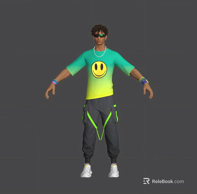 Man in Gradient Green Yellow T-Shirt With Smiley Face Graphic Black Pants Green Straps Sunglasses 3d model 
