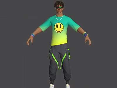 Man in Gradient Green Yellow T-Shirt With Smiley Face Graphic Black Pants Green Straps Sunglasses 3d model