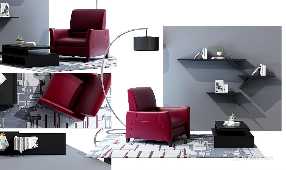 Red Modern Single Sofa in Living Room with Floor Lamp Coffee Table and Wall Shelves 3d model 