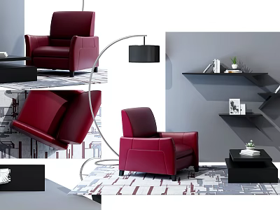 Red Modern Single Sofa in Living Room with Floor Lamp Coffee Table and Wall Shelves 3d model