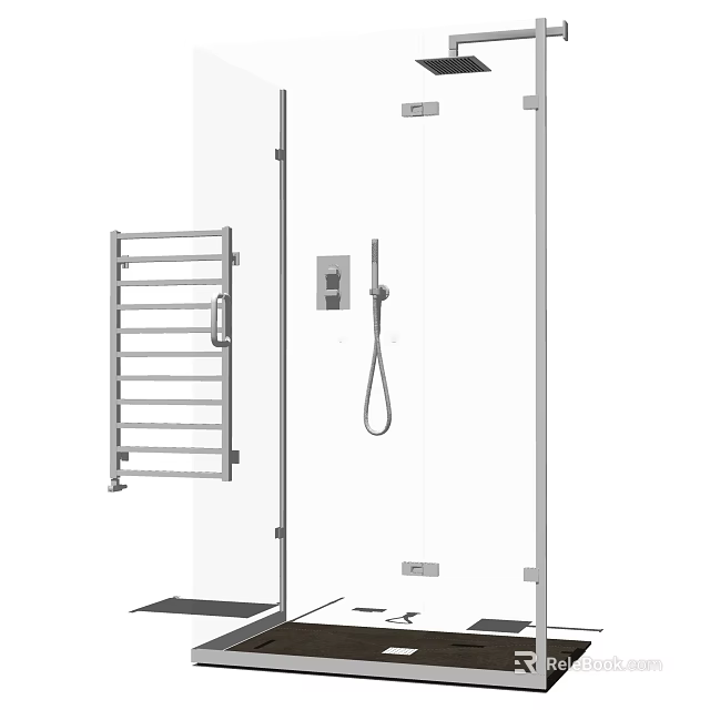 Contemporary Shower Head System with Handheld Spray Glass Enclosure and Towel Rail 3d model 