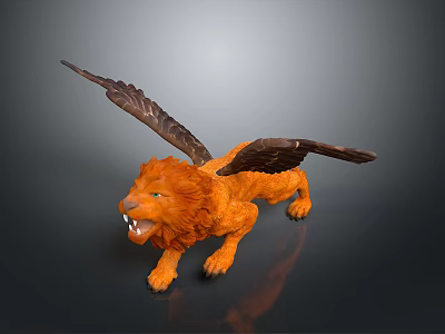 Orange Winged Lion With Spread Brown Wings And Fierce Expression 3D Render 3d model