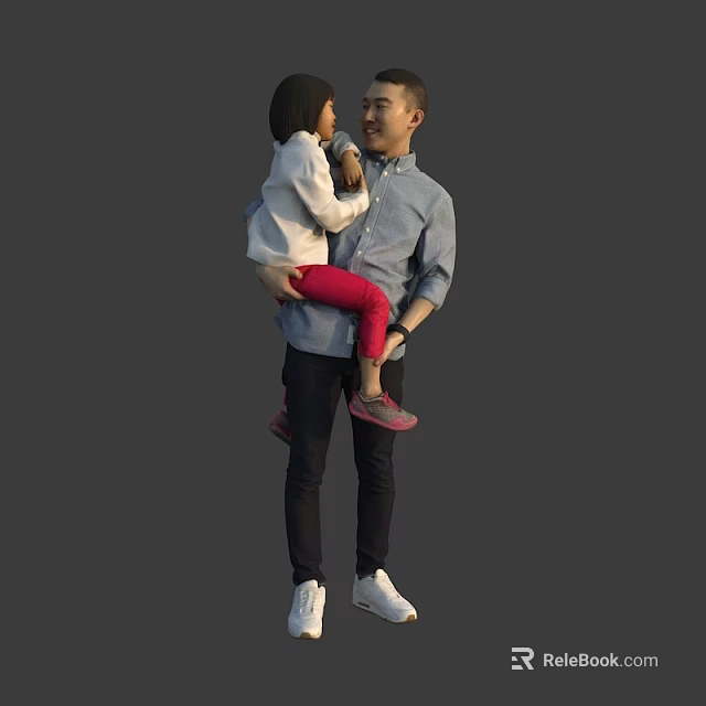 Man In Blue Shirt Holding Little Girl Wearing White Top Red Pants And Pink Shoes 3d model 