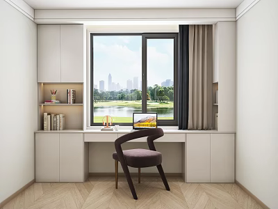 Modern White Bookcase In Room With Desk Laptop And City Lake View 3d model