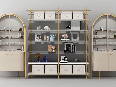 Modern Elegant Shelving Unit With Golden Frame Glass Shelves White Drawers And Decorative Items 3d model