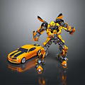 Yellow and Black Robot Character With Striped Sports Car Toy Figure
