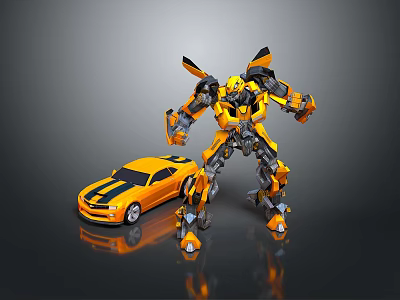 Yellow and Black Robot Character With Striped Sports Car Toy Figure 3d model