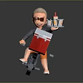 Man Riding Motorcycle Holding Tray With Condiment Bottle And Red Boxes On Sides