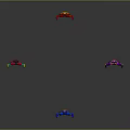 Four Colorful Crab Models in Green Blue Red Purple with Reflection on Gray Gradient Surface