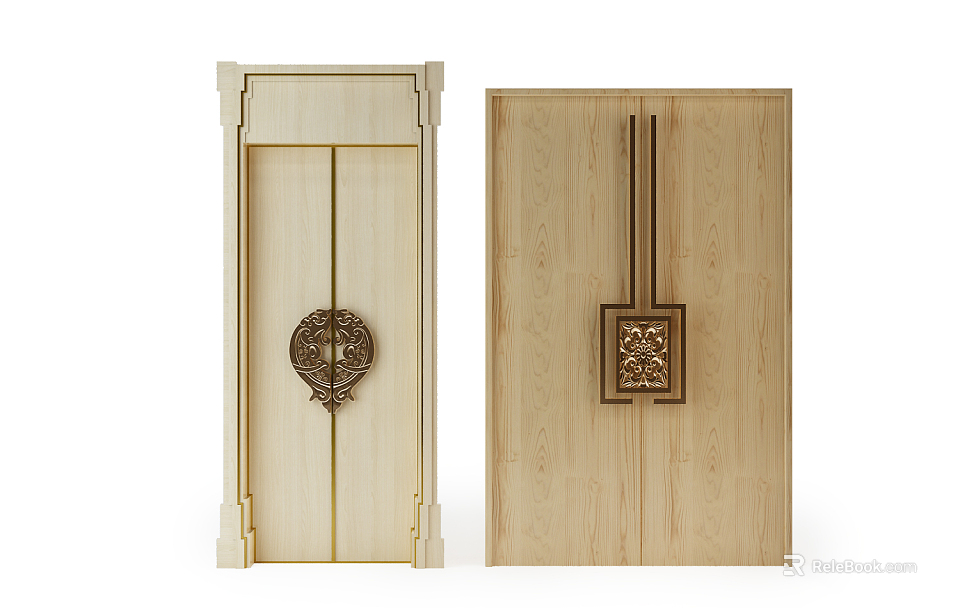 Light Wooden Double Doors with Round and Square Metal Decorations and Carvings 3d model 