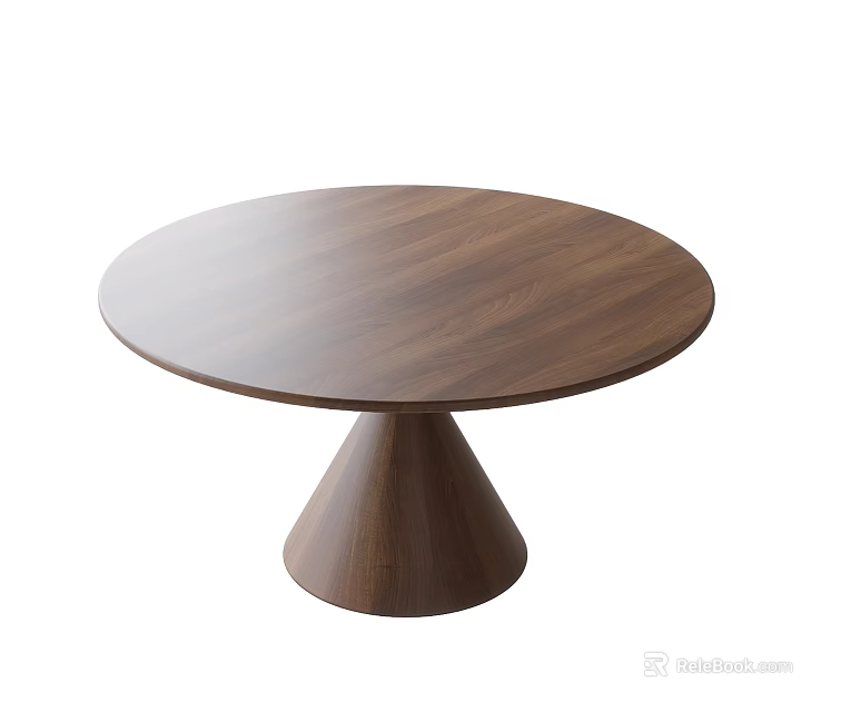 Round Walnut Wood Dining Table With Cone Shaped Base And Modern Design 3d model