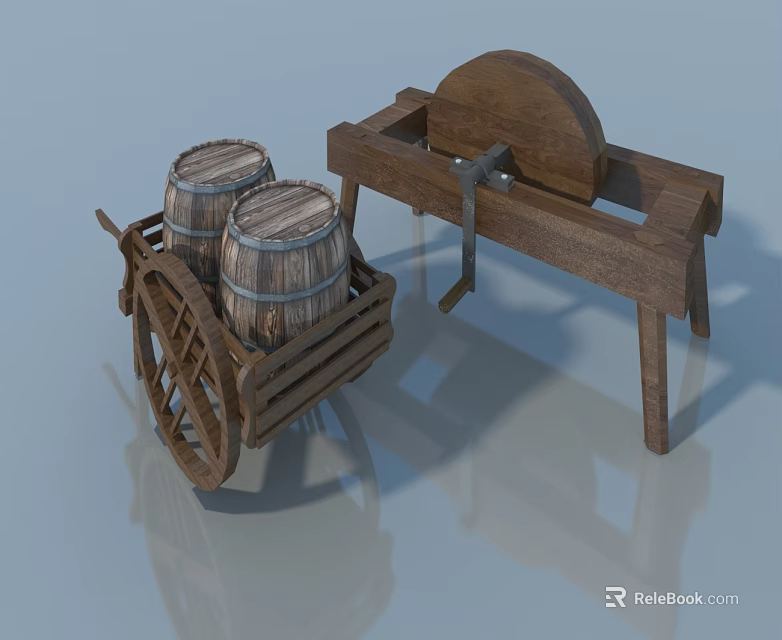Rustic Wooden Swing Door with Traditional Design and Barrel Decor in Farmhouse Setting 3d model 