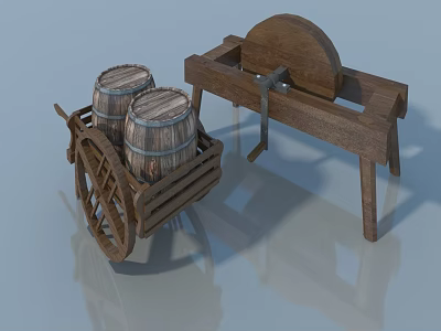 Rustic Wooden Swing Door with Traditional Design and Barrel Decor in Farmhouse Setting 3d model