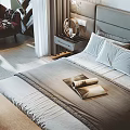 Cozy Bedroom Interior With Gray Headboard Well Made Bed Pillows Fan Nightstand And Maroon Chair