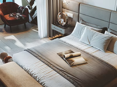 Cozy Bedroom Interior With Gray Headboard Well Made Bed Pillows Fan Nightstand And Maroon Chair 3d model