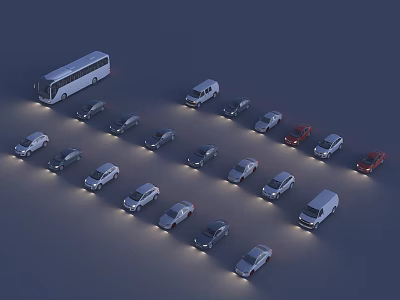 Multiple Cars And A White Bus Arranged On Gray Background With Various Colors 3d model