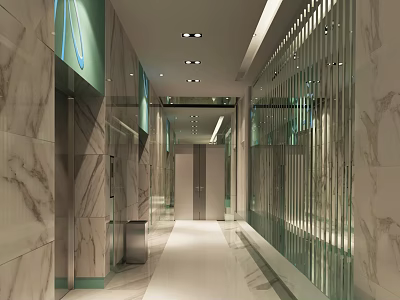 Modern Spacious Elevator Hallway Interior With Marble Walls And Glass Partitions 3d model