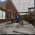 Modern Sales Office Interior Design With Wooden Decor Ceiling Lights Sofas Bookshelves And Windows