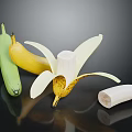 Fresh Bananas in Different Stages Green Yellow Peeled and Sliced on Black Background with Reflection