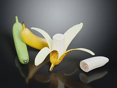 Fresh Bananas in Different Stages Green Yellow Peeled and Sliced on Black Background with Reflection 3d model