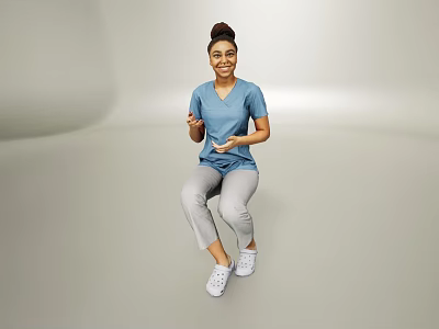 Smiling Woman In Blue Top Gray Pants Sitting On Floor With White Shoes And Hand Gesture 3d model