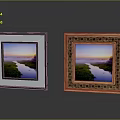 Ornate Black And Carved Wooden Picture Frames With Sunset River And Green Landscape