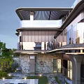 Semi Detached Villa Modern Exterior Design With Stone Metal Facade Trees Garage And Cars