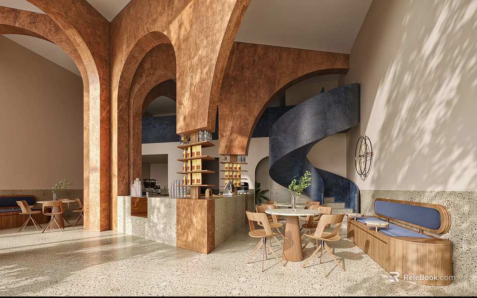 Modern Cafe Interior With Arched Wooden Structures Spiral Staircase Tables And Green Plants 3d model 