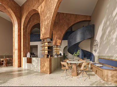 Modern Cafe Interior With Arched Wooden Structures Spiral Staircase Tables And Green Plants 3d model