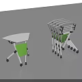 Stacked Foldable Triangular Conference Tables with White Tabletop Green Frames and Wheels