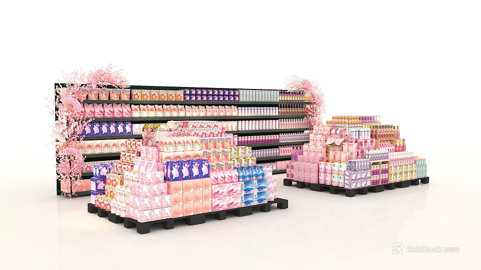 Colorful Product Display With Pink Themed Shelves And Cherry Blossom Decorations 3d model 