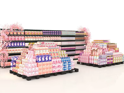 Colorful Product Display With Pink Themed Shelves And Cherry Blossom Decorations 3d model