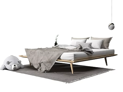 Modern Minimalist Double Bed With Wooden Frame Gray Blanket Pillows Plush Bear Pendant Light 3d model