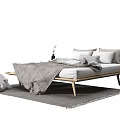 Modern Minimalist Double Bed With Wooden Frame Gray Blanket Pillows Plush Bear Pendant Light