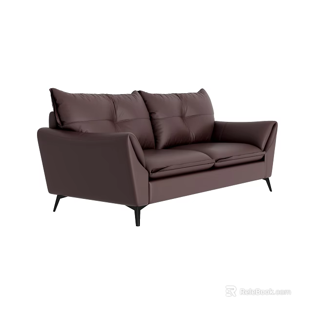 Modern Brown Leather Two-Seater Sofa With Plush Cushions And Black Slim Legs 3d model 