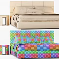 Modern Upholstered Double Bed With Plush Pillows And Soft Gray Blanket