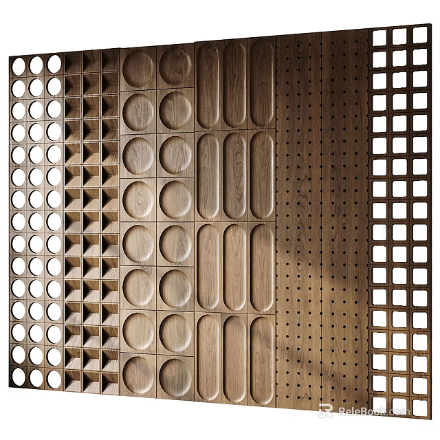 Wooden Background Wall Design With Circular Holes Linear Grooves And Grid Patterns 3d model