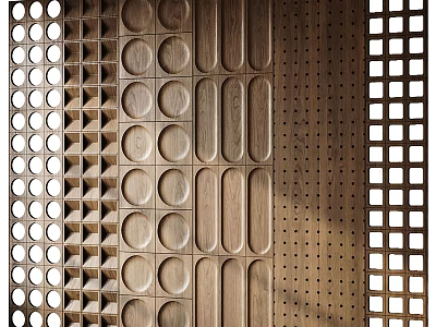 Wooden Background Wall Design With Circular Holes Linear Grooves And Grid Patterns 3d model