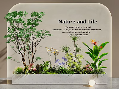 Indoor Landscape With Various Green Plants Flowers And Tree Against Curved White Wall 3d model