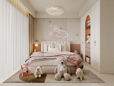 Cozy Kids Room With Cloud Star Wall Decor Stuffed Teddy Bears Soft Rug And Chandelier 3d model