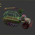 Tracked Utility Vehicle With Crane Arm Metal Cage Wooden Platform And Red Driver Seat