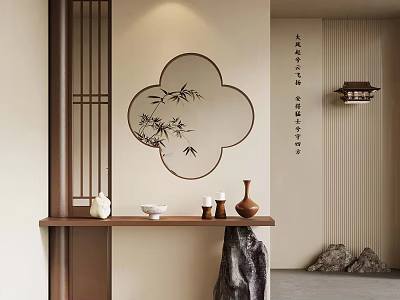 Traditional Chinese Interior Featuring Circular Bamboo Painting Wooden Screen And Long Table Decor 3d model