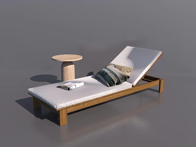 Wooden Frame Lounge Chair With White Cushion Striped Pillow Folded Towel And Round Side Table 3d model