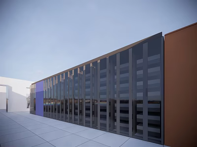 Modern Architectural Exterior Featuring Glass Curtain Wall And Blue Orange White Panels 3d model