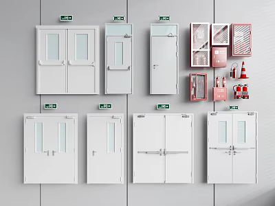 Various White Doors And Red Fire Safety Equipment With Exit Signs 3d model