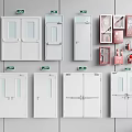 Various White Doors And Red Fire Safety Equipment With Exit Signs
