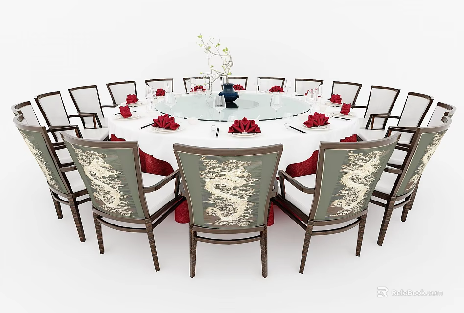 Round Chinese Style Glass Top Dining Table With Dragon Patterned Chairs And Red Decorations 3d model