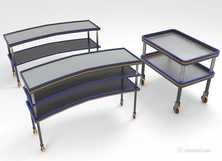 Stylish Functional Tables Featuring Multi Tiered Shelves Rolling Wheels and Curved Rectangular Tops 3d model 