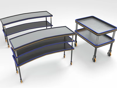 Stylish Functional Tables Featuring Multi Tiered Shelves Rolling Wheels and Curved Rectangular Tops 3d model
