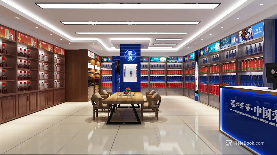 Modern Store Interior With Shelves Displayed Products Central Table and Chairs 3d model 